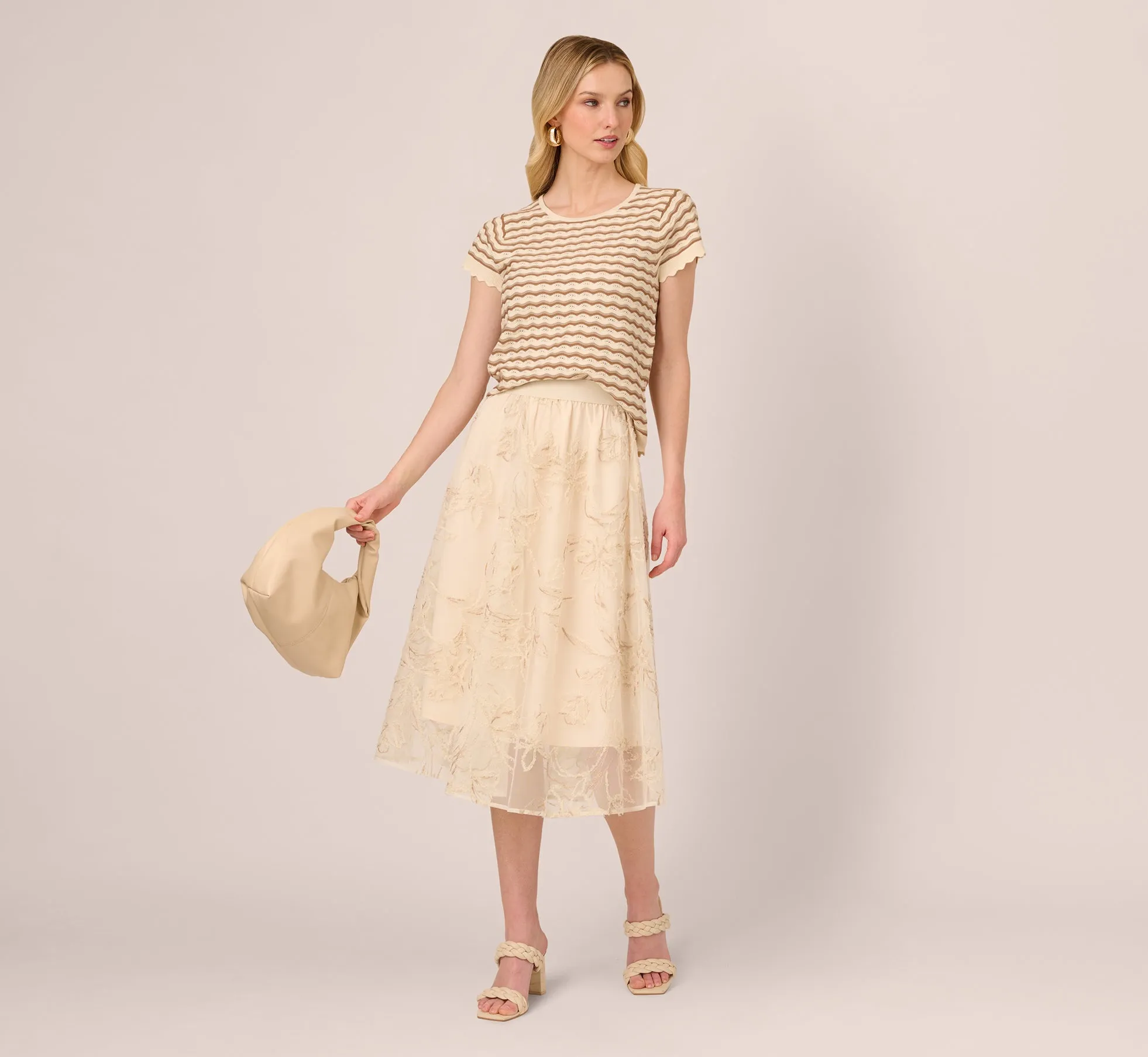 Floral Mesh Overlay A Line Midi Skirt In Ivory