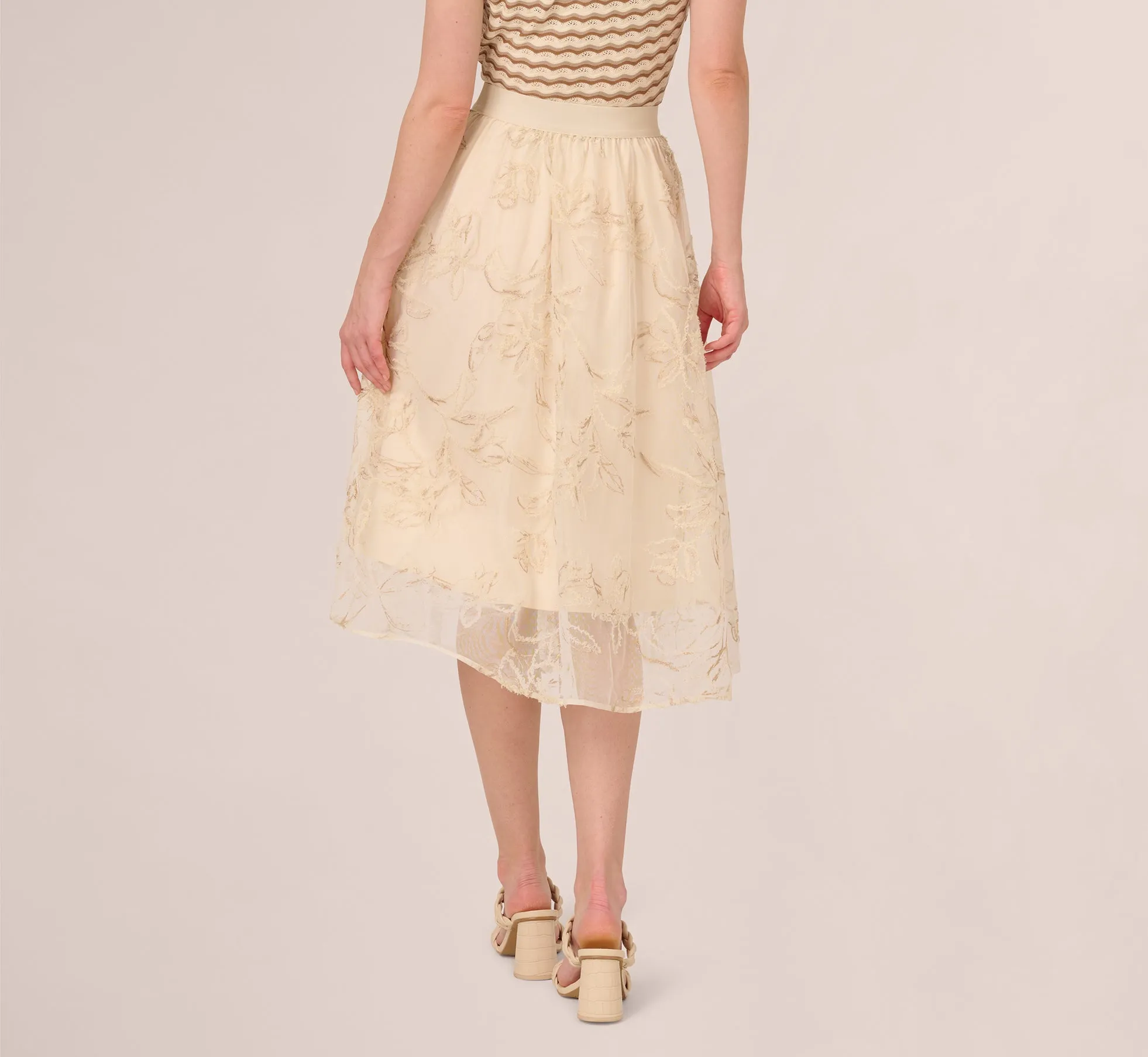 Floral Mesh Overlay A Line Midi Skirt In Ivory