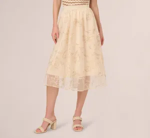 Floral Mesh Overlay A Line Midi Skirt In Ivory