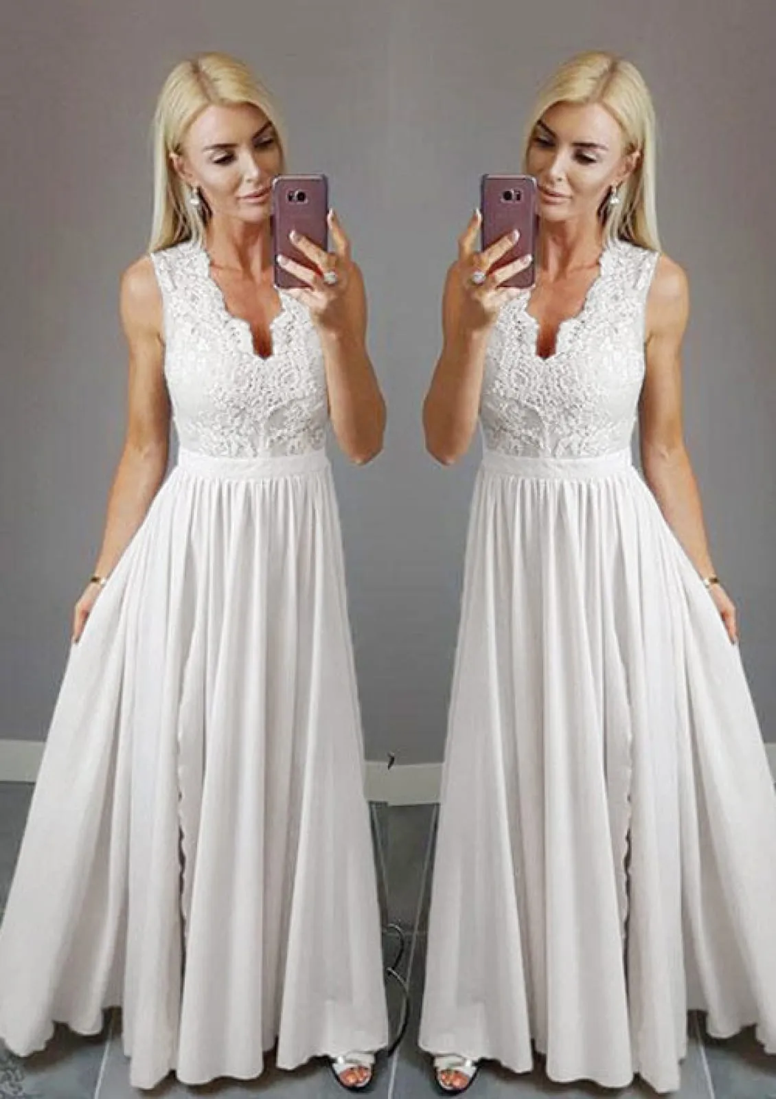 Formal Sleeveless A-line V Neck Slit Ivory Lace Chiffon Evening Dress