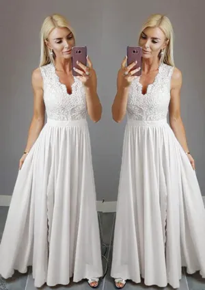 Formal Sleeveless A-line V Neck Slit Ivory Lace Chiffon Evening Dress