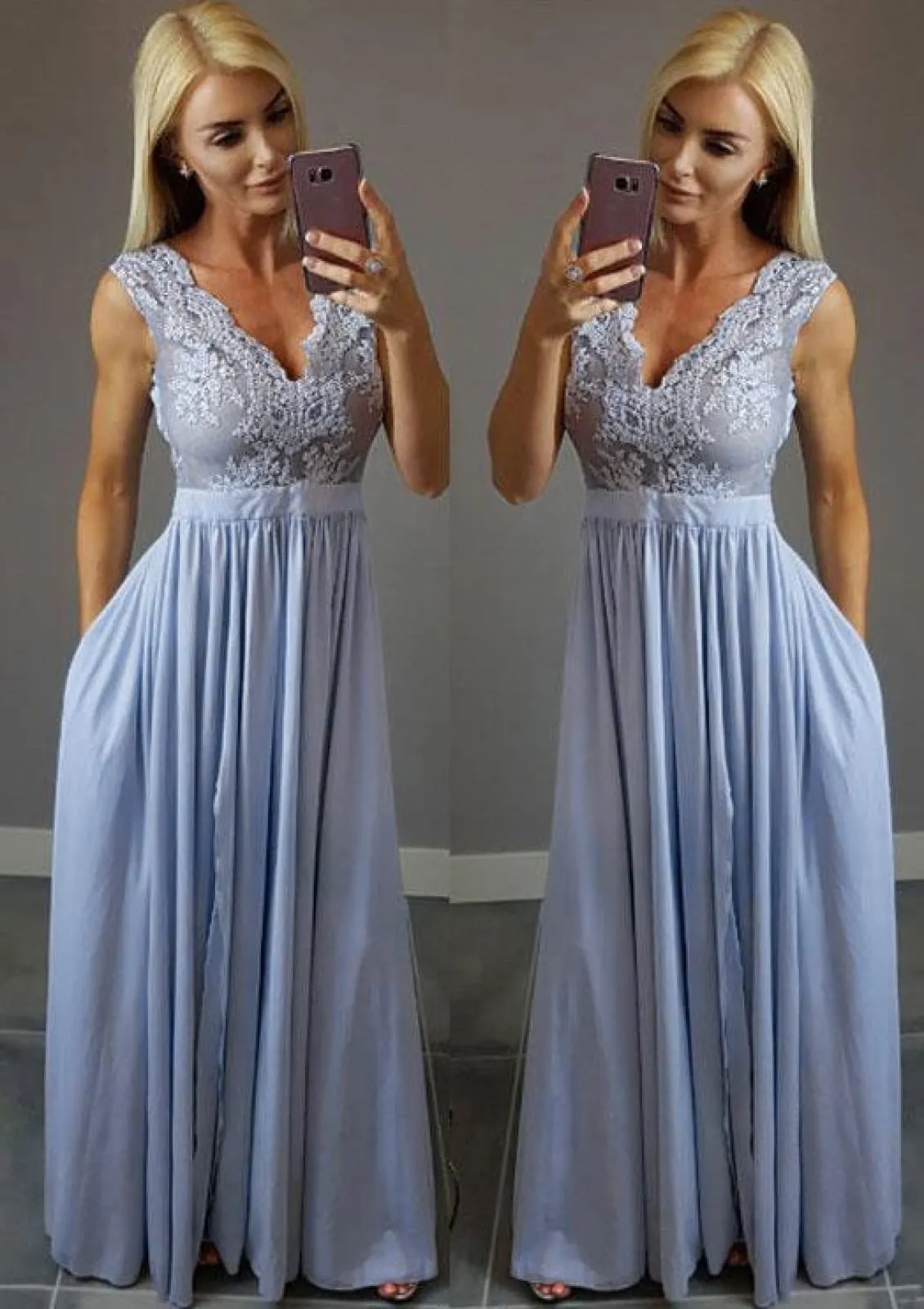 Formal Sleeveless A-line V Neck Slit Ivory Lace Chiffon Evening Dress