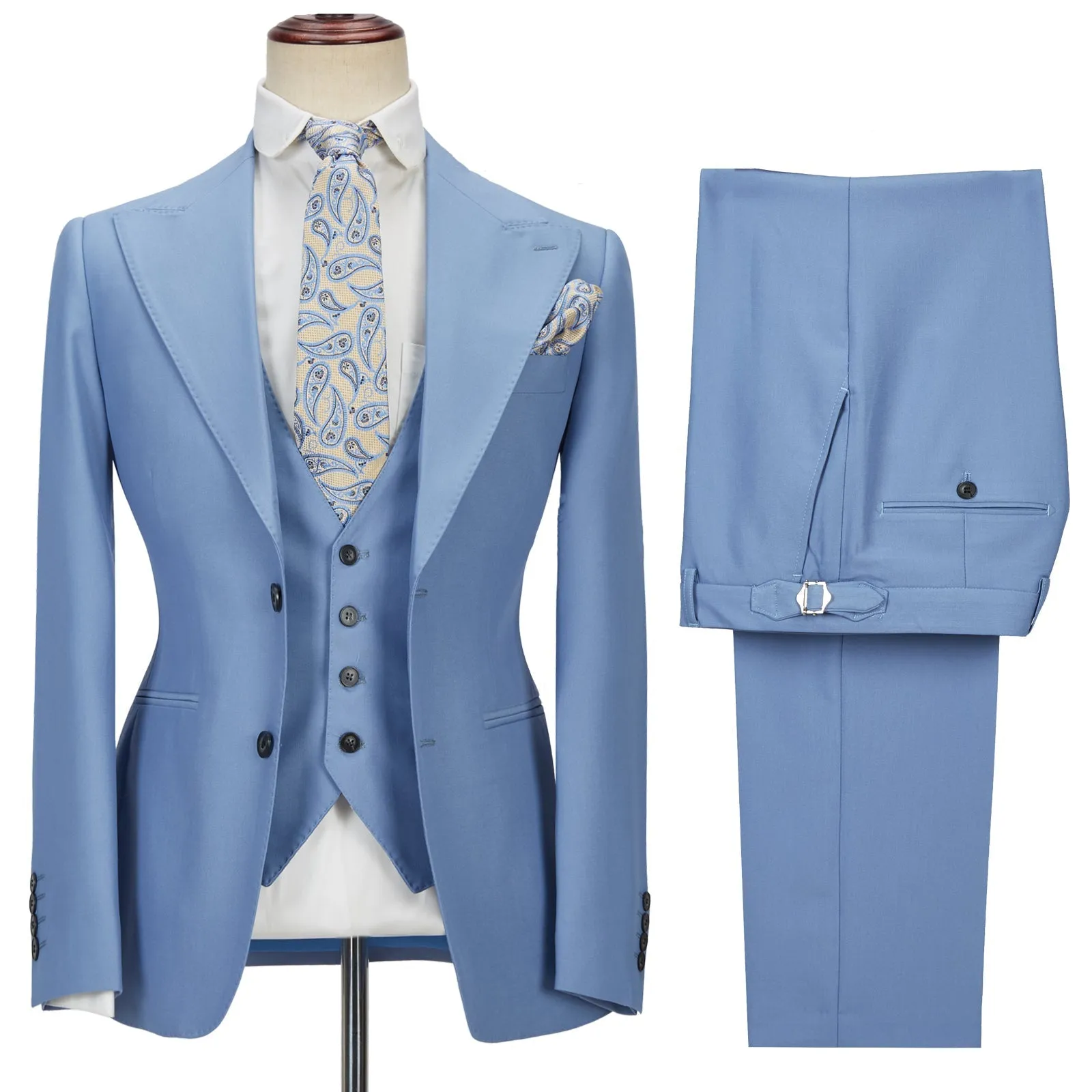 Gentle Blue Peak Lapel Men Suit Three-piece Men Formal Suit without Flap