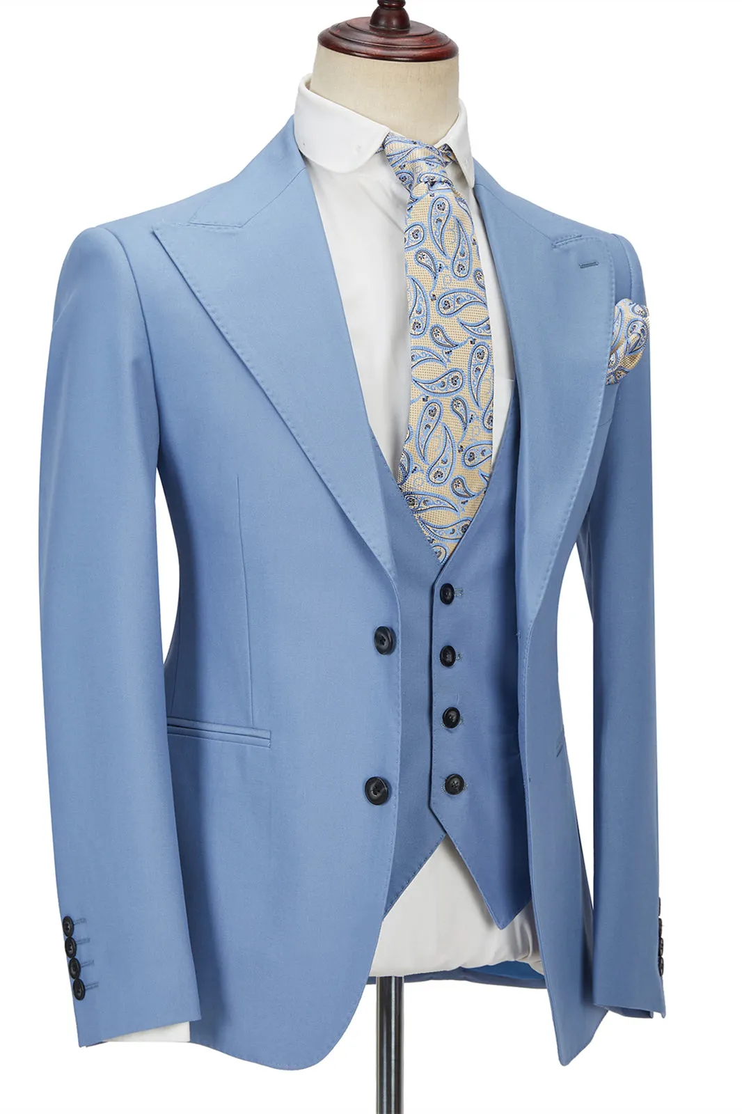 Gentle Blue Peak Lapel Men Suit Three-piece Men Formal Suit without Flap