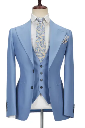 Gentle Blue Peak Lapel Men Suit Three-piece Men Formal Suit without Flap