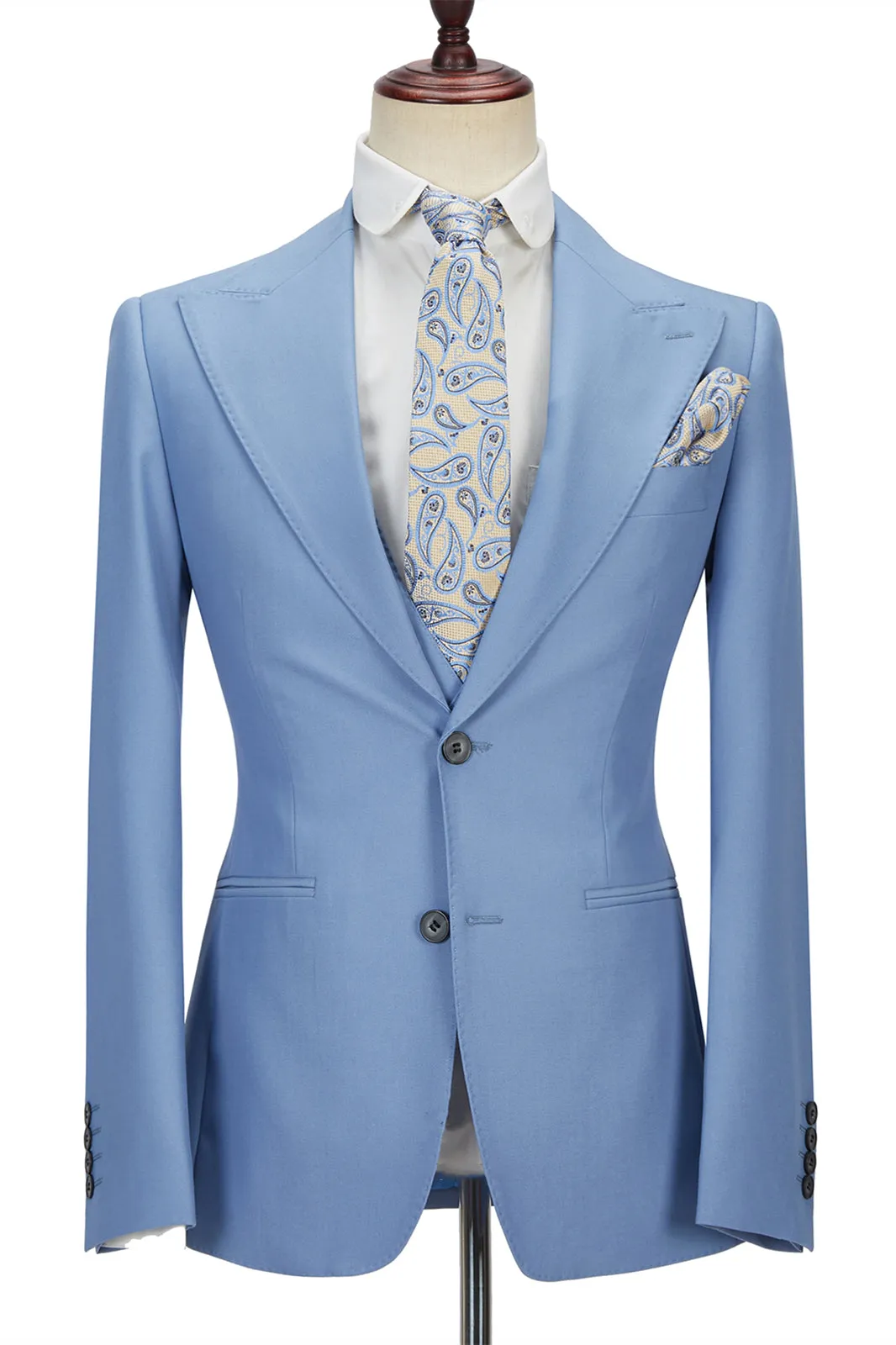 Gentle Blue Peak Lapel Men Suit Three-piece Men Formal Suit without Flap