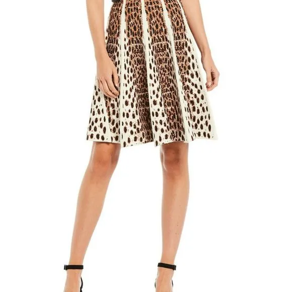 GIANNI BINI Dorinda Pleated Knee SKIRT Size L Leopard Rayon Heavy Knit NEW $129