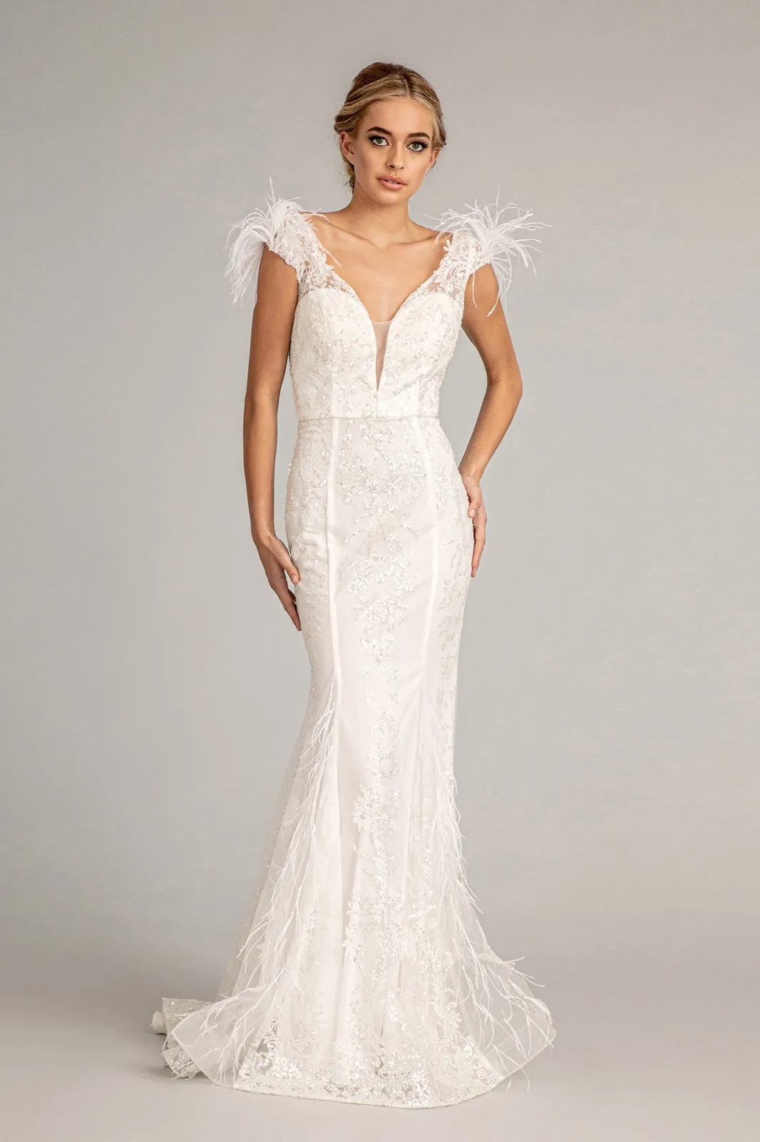 GL 1983 - Feather Embellished Glitter Print Fit & Flare Prom Gown with V-Neck & Sheer Back