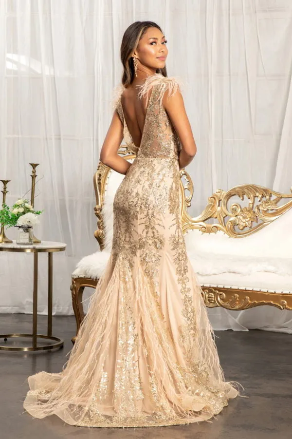 GL 1983 - Feather Embellished Glitter Print Fit & Flare Prom Gown with V-Neck & Sheer Back
