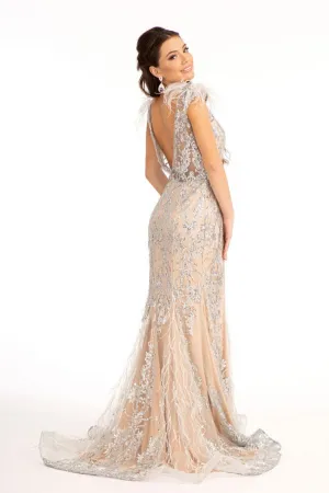 GL 1983 - Feather Embellished Glitter Print Fit & Flare Prom Gown with V-Neck & Sheer Back