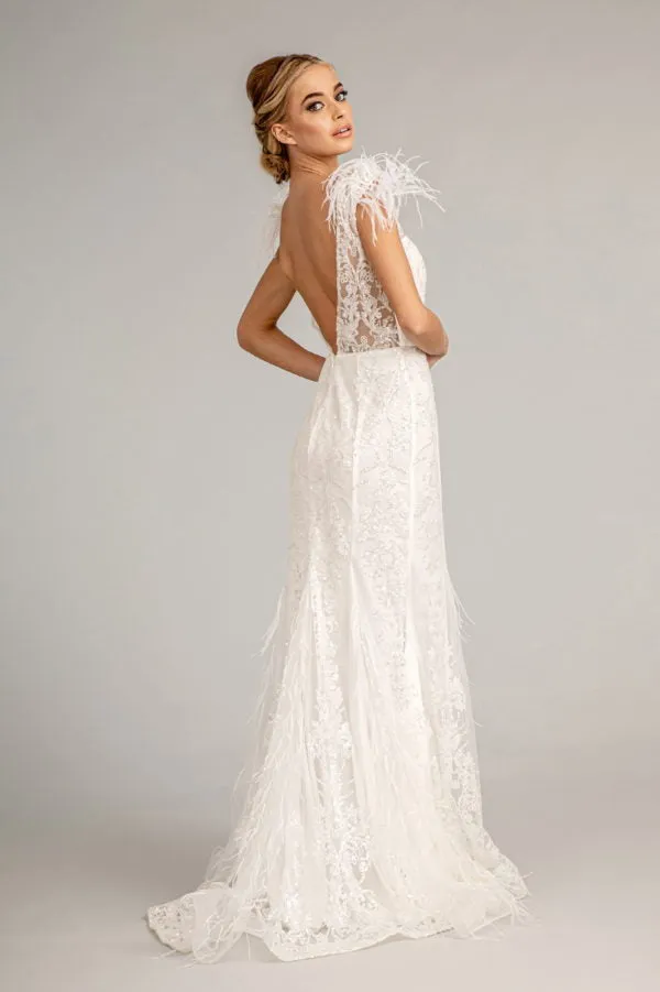 GL 1983 - Feather Embellished Glitter Print Fit & Flare Prom Gown with V-Neck & Sheer Back