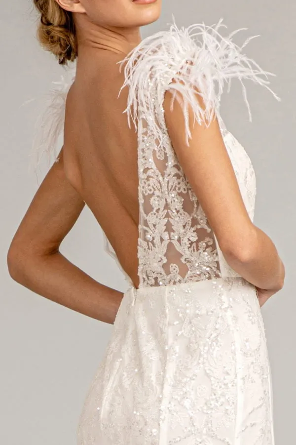 GL 1983 - Feather Embellished Glitter Print Fit & Flare Prom Gown with V-Neck & Sheer Back