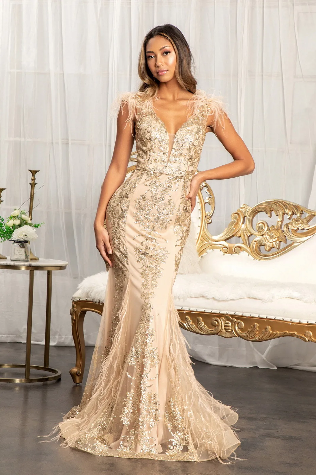 GL 1983 - Feather Embellished Glitter Print Fit & Flare Prom Gown with V-Neck & Sheer Back