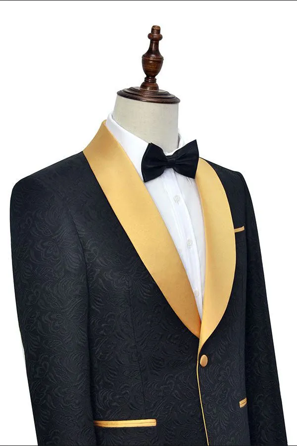 Gold Shawl Lapel One Button Wedding Tuxedo Black Jacquard Prom Suits