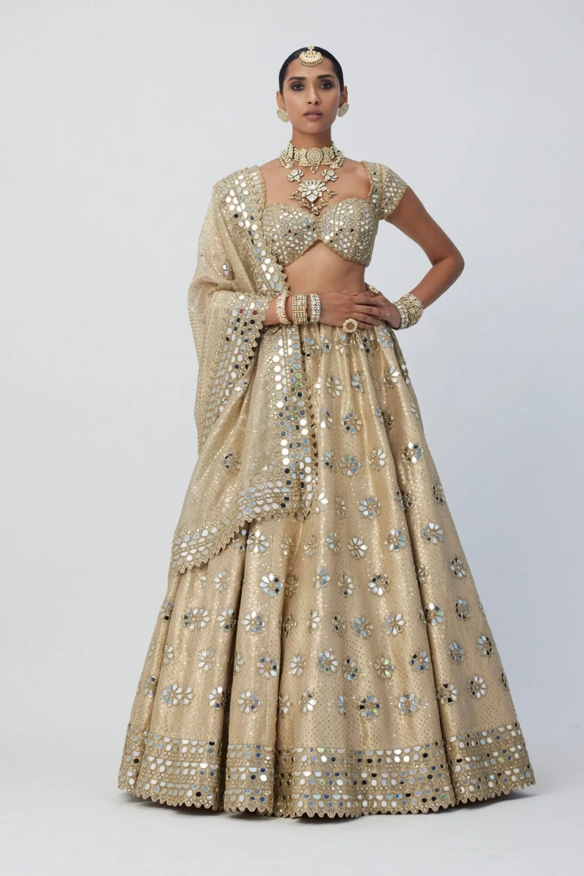 Golden Shimmer Organza Flower Lehenga Set