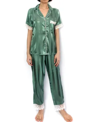 Green Stripes Lace-Trim Pajama Set