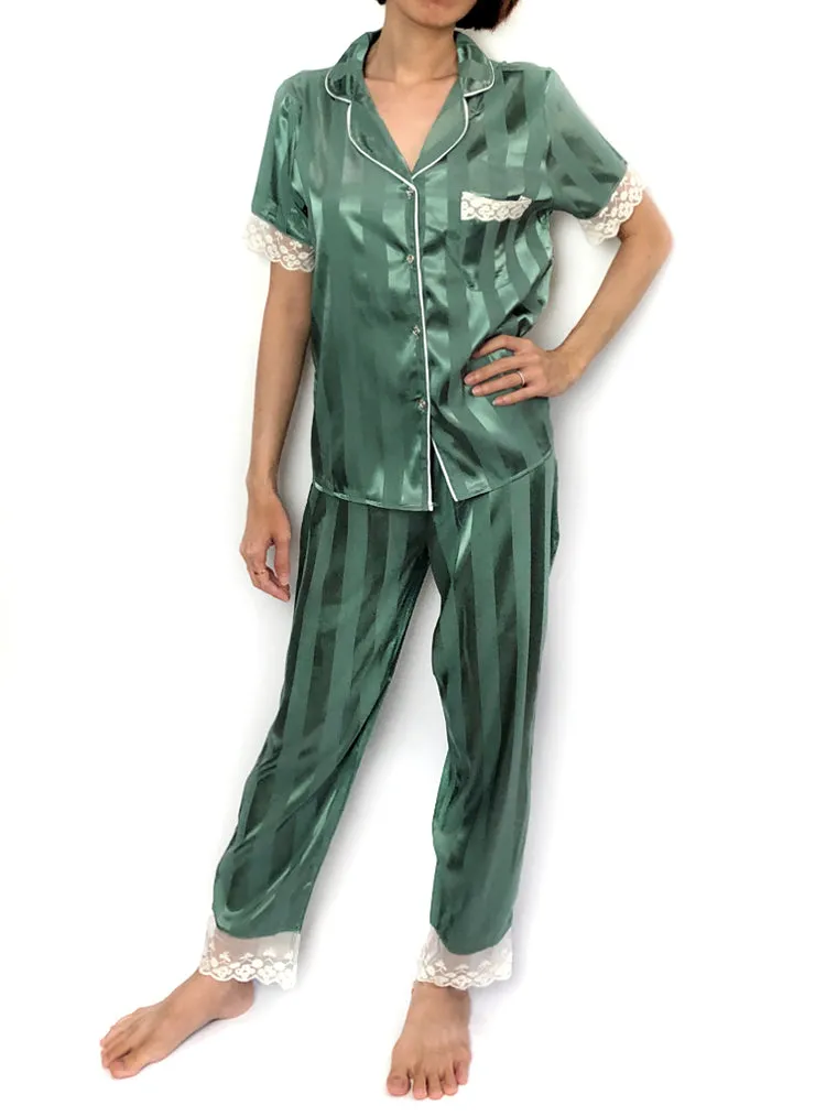 Green Stripes Lace-Trim Pajama Set