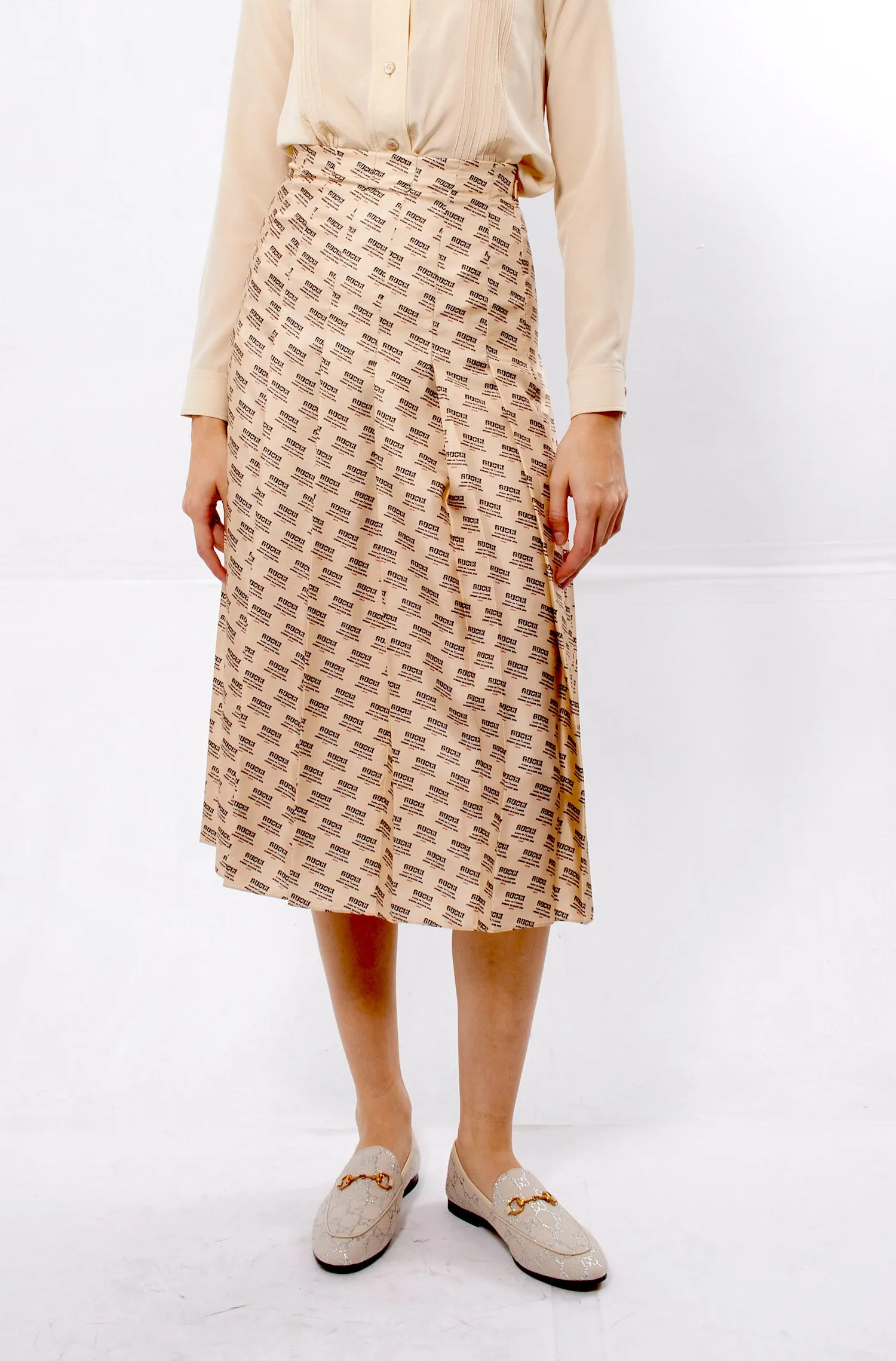 Gucci Beige All Over Stamp Logo Pleated Skirt - 36