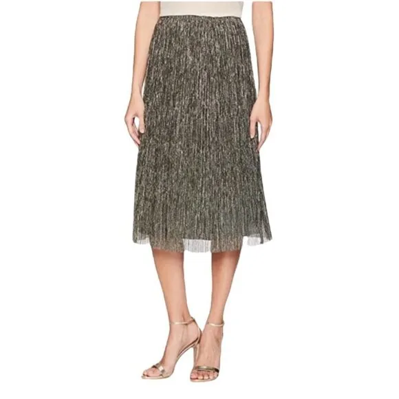 Halston Heritage Black Metallic Jersey Midi Skirt Pleated