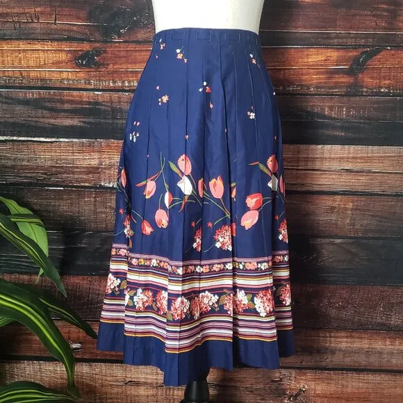 Herman Geist Womens 8 (Small) Vintage Pleated Floral Midi Skirt US Made Button
