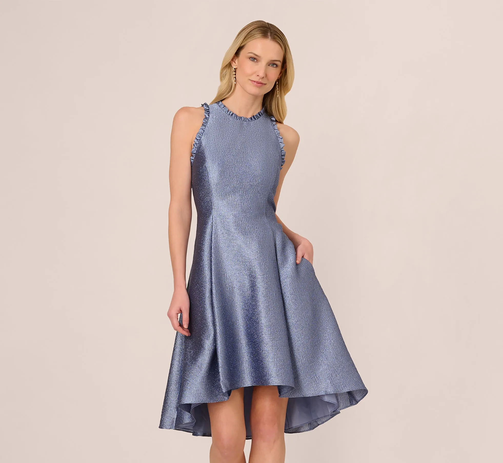 High Low Fit And Flare Crinkle Jacquard Dress In Spring Blue