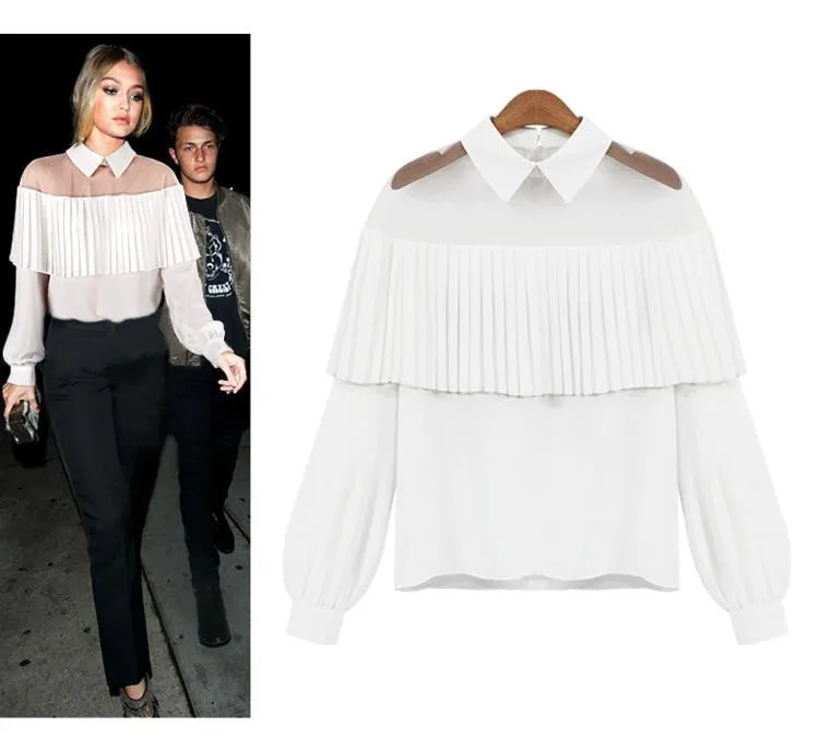 high off shoulder cape-style Loose Pleated white black tops chiffon blouse shirt women Chemisier