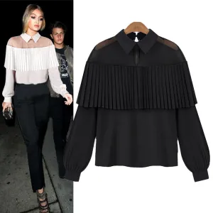 high off shoulder cape-style Loose Pleated white black tops chiffon blouse shirt women Chemisier