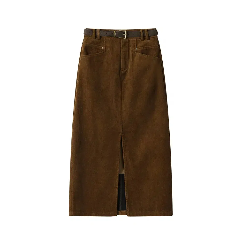 High Waist Corduroy Slit A-line Skirt