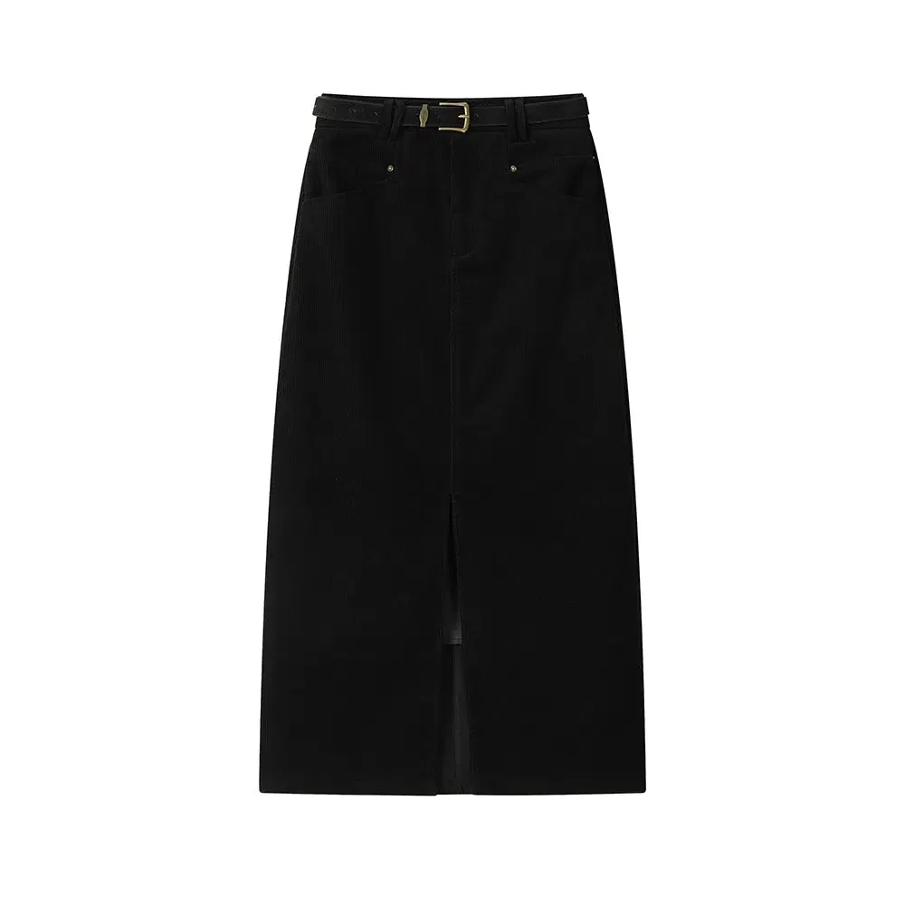 High Waist Corduroy Slit A-line Skirt
