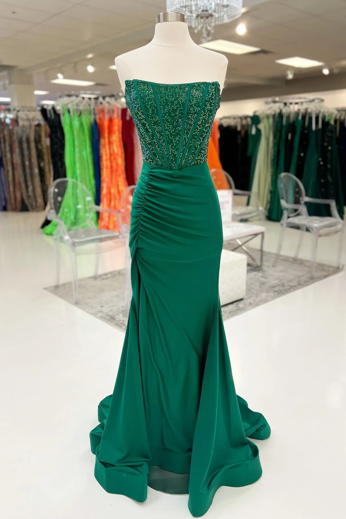 Hunter Green Mermadi Strapless Beaded Pleated Long Prom Dress