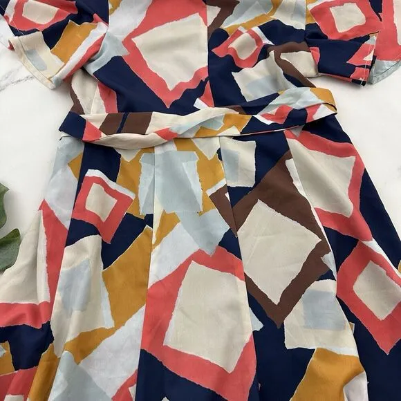 Hutch Flutter Sleeve Wrap Dress Size M Blue Pink Geometric Print Tie Fit Flare