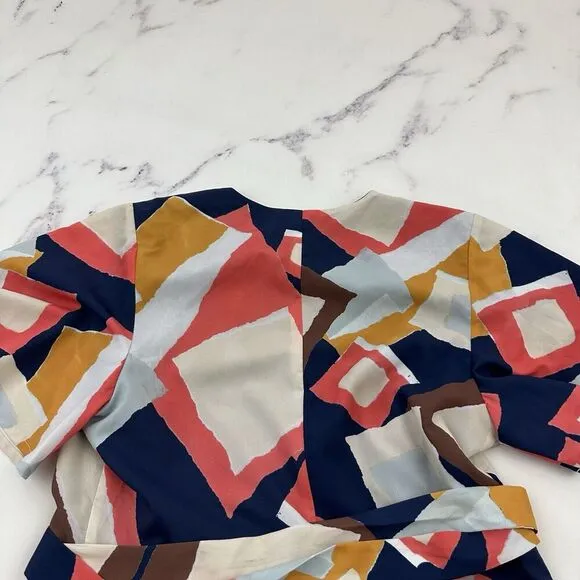 Hutch Flutter Sleeve Wrap Dress Size M Blue Pink Geometric Print Tie Fit Flare