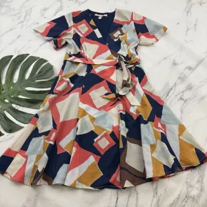 Hutch Flutter Sleeve Wrap Dress Size M Blue Pink Geometric Print Tie Fit Flare