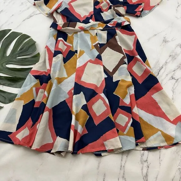 Hutch Flutter Sleeve Wrap Dress Size M Blue Pink Geometric Print Tie Fit Flare
