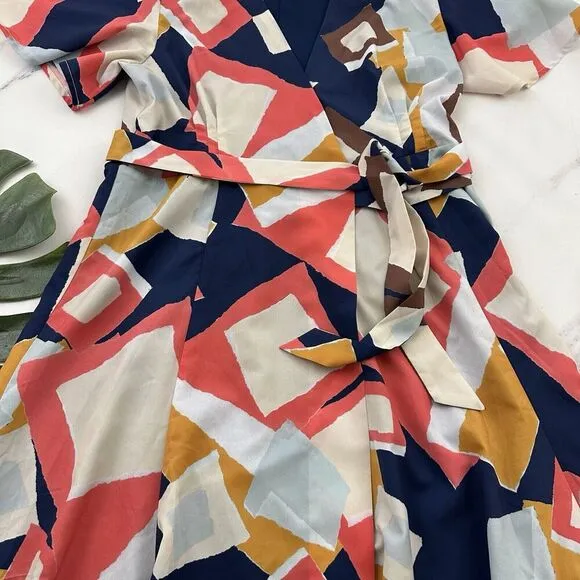 Hutch Flutter Sleeve Wrap Dress Size M Blue Pink Geometric Print Tie Fit Flare