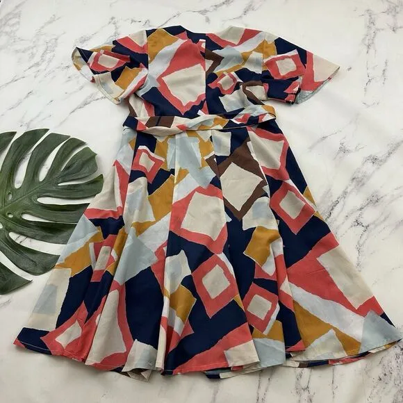 Hutch Flutter Sleeve Wrap Dress Size M Blue Pink Geometric Print Tie Fit Flare
