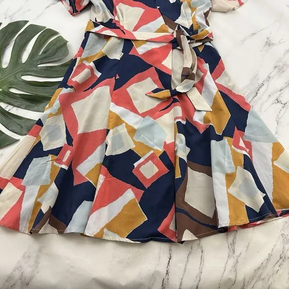 Hutch Flutter Sleeve Wrap Dress Size M Blue Pink Geometric Print Tie Fit Flare