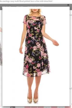 Ignite Evenings 9112167 Navy Multi Floral Printed Lace A-Line Midi Dress