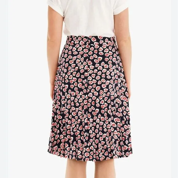 J. Crew Pleated Crepe Skirt Navy Red Pink Heart Print Midi Women's Size 10T