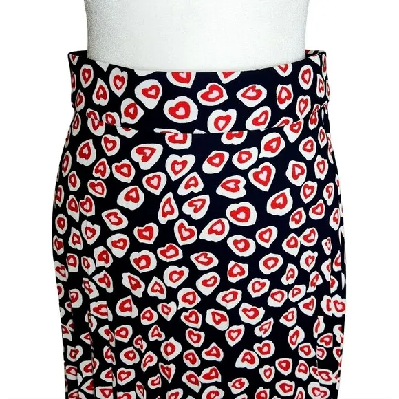 J. Crew Pleated Crepe Skirt Navy Red Pink Heart Print Midi Women's Size 10T