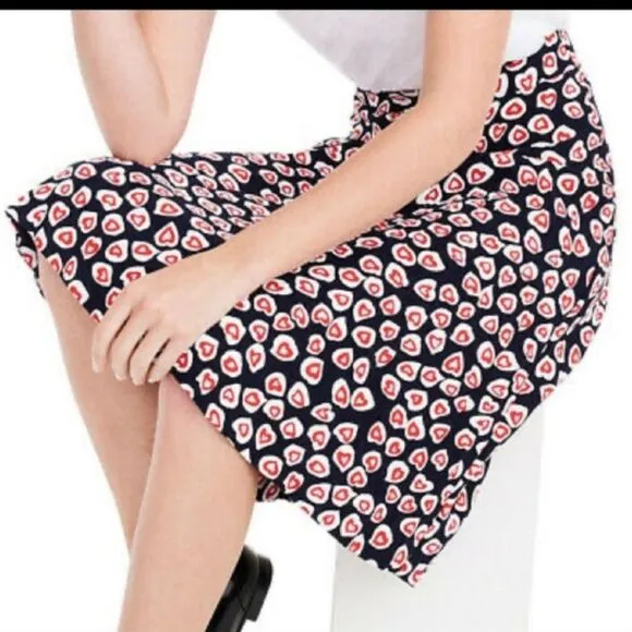 J. Crew Pleated Crepe Skirt Navy Red Pink Heart Print Midi Women's Size 10T