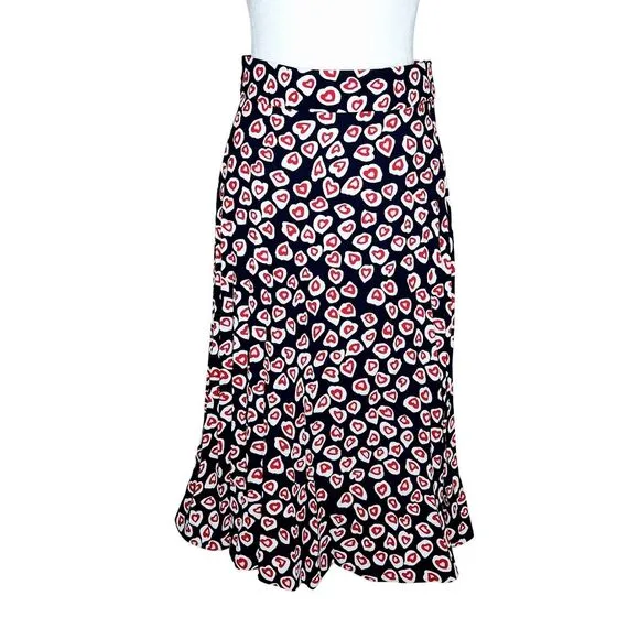 J. Crew Pleated Crepe Skirt Navy Red Pink Heart Print Midi Women's Size 10T