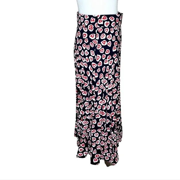 J. Crew Pleated Crepe Skirt Navy Red Pink Heart Print Midi Women's Size 10T