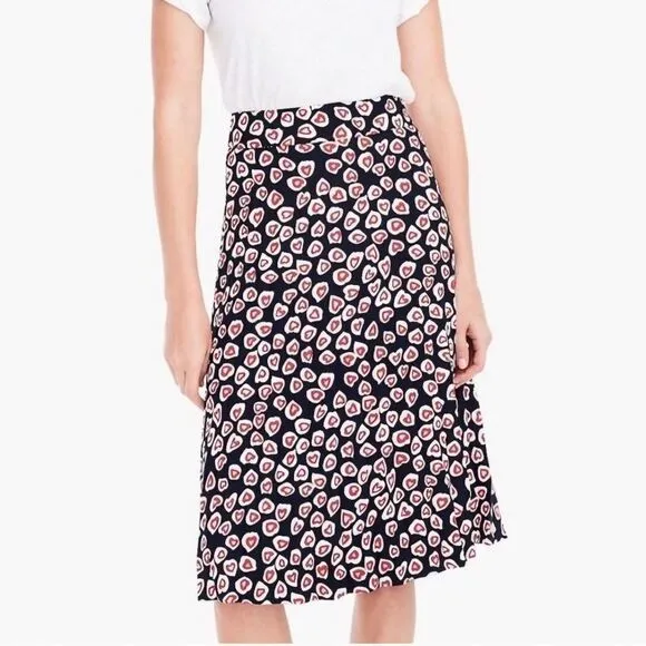 J. Crew Pleated Crepe Skirt Navy Red Pink Heart Print Midi Women's Size 10T