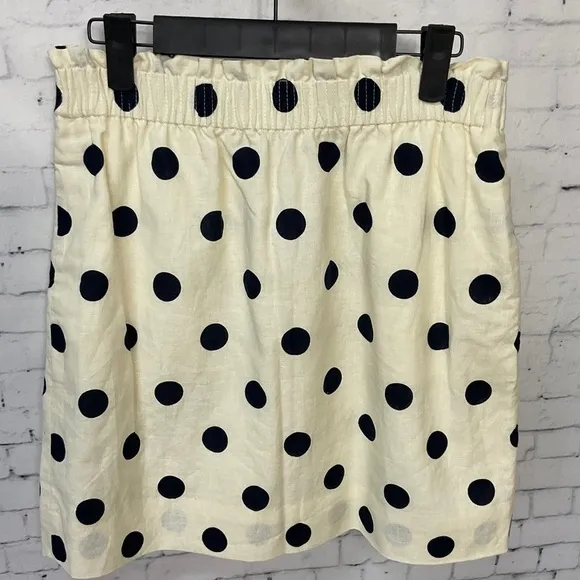 J Crew Womens Skirt Sz 4 Ecru Navy Polka Dot Elastic Waist Lined Pull On New E1