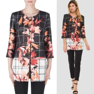Joseph Ribkoff $302 Jacket Colorblock Floral Print 10 Windowpane Blazer 183765