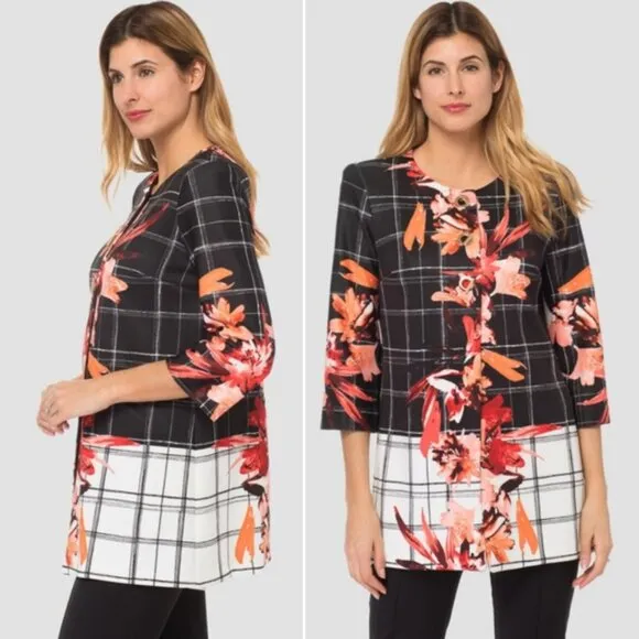 Joseph Ribkoff $302 Jacket Colorblock Floral Print 10 Windowpane Blazer 183765