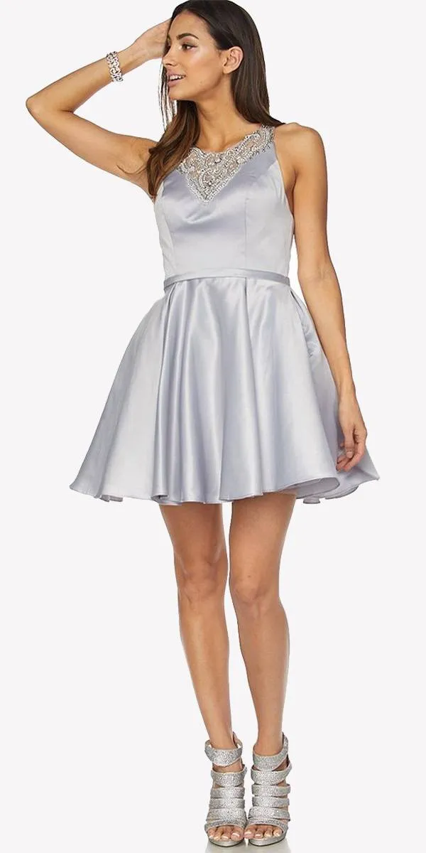Juliet 794 Beaded Scoop Neck Short Satin Dress