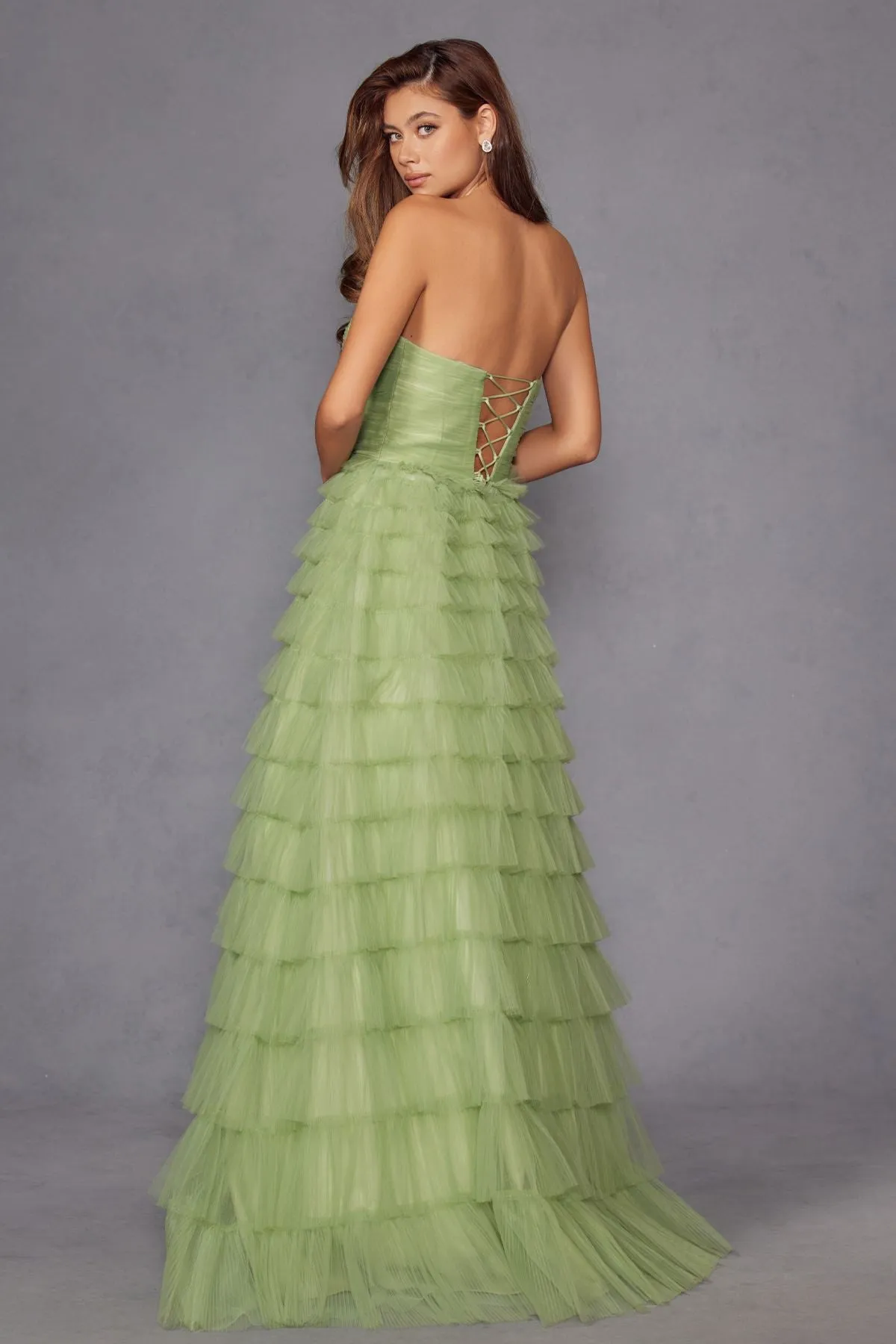 Juliet JT2456H Long Strapless Keyhole Tiered Ruffled Tulle A-Line Gown