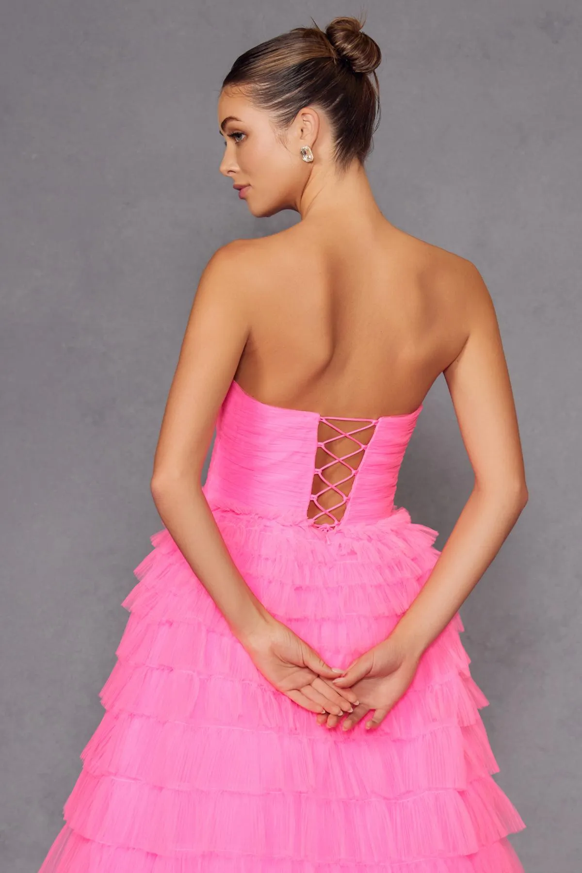 Juliet JT2456H Long Strapless Keyhole Tiered Ruffled Tulle A-Line Gown